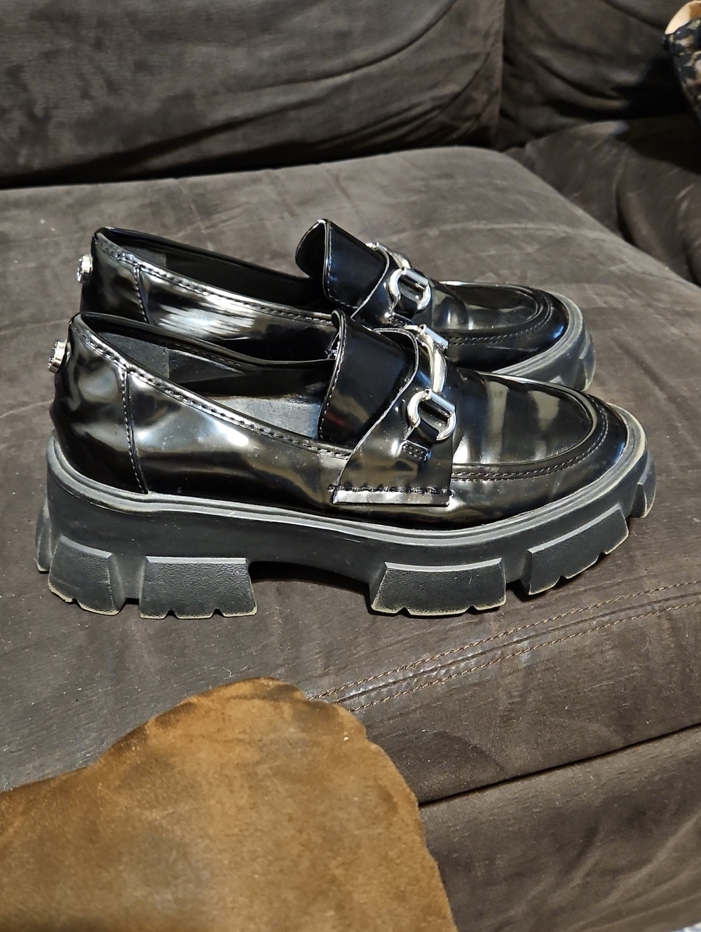 Steve Madden Black Patent Lug-Sole Loafers with Silver Accents